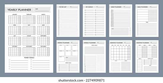 Se establecen plantillas de página del planificador para el año, mes y horarios vectoriales de programación diaria. Construir una agenda personal y empresarial de manera efectiva. Suministros de gestión del tiempo para la planificación de actividades y reuniones