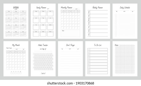 Planner page templates. Yearly, monthly, weekly and daily organizers and calendar for personal and work issues. Vector 10 ESP.