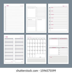 Planner pages. Notebook agenda diary vertical pages template goals organizer vector designs