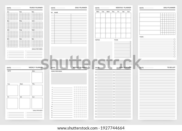 プランナ ページ 年 月 週 日のスケジュール タスクの書き込み用の紙 計画と目標を持つ白い空白の日記ステンシル To Doリストテンプレート ベクター印刷可能なオーガナイザーのモックアップセット のベクター画像素材 ロイヤリティフリー