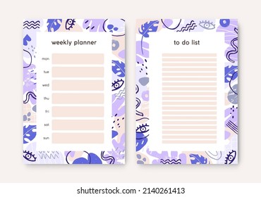 Planner pages templates for schedule and to-do list. Paper sheets designs for weekly, daily organizer, timetable notepad in modern minimal doodle style. Isolated flat vector illustrations for printing