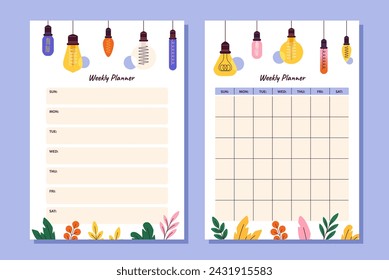 Planner pages templates set. Weekly planner with light bulbs. Calendar and place for notes. Time management and scheduling. Cartoon flat vector collection isolated on blue background