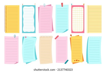 Planner paper sticky note flat set. Note to do list, blank stickers templates organizer. Notebook elements of planning. Graphic notepad curled corners, push pins. Various scrapbook tag