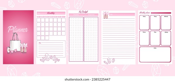 Planner pink template pages. Girly Budget, notes, diary, planner editable vector layout. Weekly planner template.
