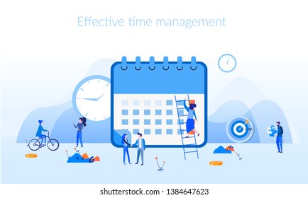 Planner or schedule concept, Effective time management, save time, teamwork, planning training activities,  organization, working time. Flat vector illustration.