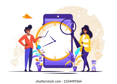 Planer- oder Terminkonzept, Effizientes Zeitmanagement, Zeitersparnis, Teamarbeit, Planung von Schulungen, Organisation, Arbeitszeit. Flache Vektorillustration.