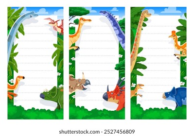 Cronograma do planejador com dinossauros pré-históricos e lagartos de dino jurássicos, modelo de planilha de bloco de notas vetorial. Agenda do planejador, notas de memorando e organizador de lista de tarefas para planos de tarefas com dinossauros de desenhos animados