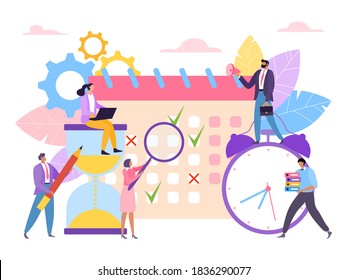 Planner schedule time management business concept, male female freelancer worker, teamwork people isolated on white, flat vector illustration. Office workplace job control, telecommuting job.