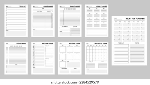 Programación del planificador. Calendario del planificador de trabajo y educación, lista de comprobación semanal del organizador del programa o plantilla vectorial de la página del diario. Calendario mensual, lista de tareas pendientes de gestión del tiempo, agenda y notas de memorando