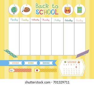 Planner for school. Daily and weekly planner, label. Vector illustration
