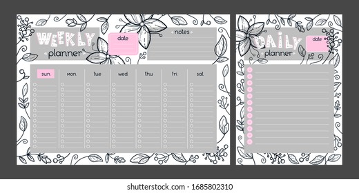 Planner set with hand drawn floral background. Vector Cartoon Weekly and Daily organizer.  Business shedule page. Coloring book elements. Plan and draw