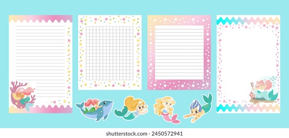 Planner set with mermaids. Kids schedule. Lined, checkered, empty pages and stickers. Notes and to do list. Memo pages with magic mermaids. Timetable design,  organizer sheets. Vector illustration.