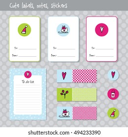 Planner set. Note paper, Notes, to do list. Organizer planner template. Note paper. Set of New year and Christmas stickers. 