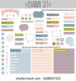 Planner set, Weekly Kit Spread, Pastel Colors, Arrows, Speech Bubbles, Tabs, Icons, numbers, letters, to do list, do not forget, asterisk, frames, banner, washi tapes, polka dots, diy, fun, freehand