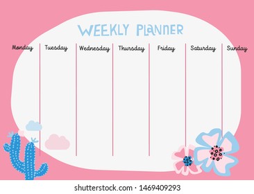 planner with spring floral scandinavian illustrations and trendy lettering. Template for agenda, planners, check lists, and other stationery for kids. Hand drawn cactus and poppy flower