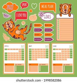PLANNER SPRING TIGER 2022 Template Schedule And Collection With Design Elements And Tigers For Printable And Plotter Cutting Clip Art Vector illustration Set