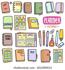 Planner and stationery colorful graphics elements and illustrations. Objects vector art such as books, journal, diary, ballpoint, pen, highlighter, eraser are included in this doodle cartoon set.