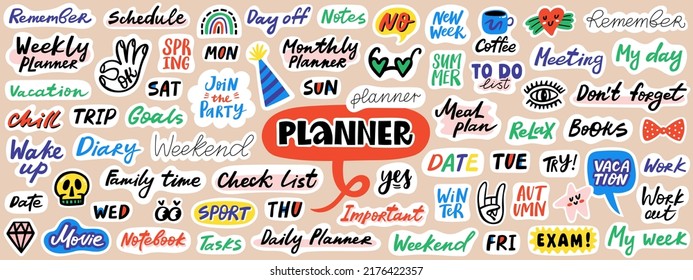 Planner sticker collection. Bundle of weekly or daily diary with trendy lettering words and design elements. Vector illustration