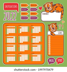 PLANNER STICKERS 2022 WITH TIGER Calendar Schedule And Collection Of Design Elements For Printable And Plotter Cutting Clipart Vector Illustration Set