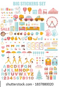 Empaquetadores del planificador. Gran conjunto de graciosas ilustraciones en estilo de dibujos a mano. Ideal para el calendario femenino, planificador anual. Vacaciones, medicina, viajes, belleza. Aislamientos vectoriales en un fondo blanco