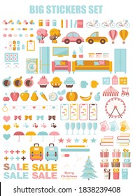 Planner stickers. Big set of funny illustrations in hand-drawn cartoon style. Ideal for girls calendar, annual planner. Holidays, medicine, travel, beauty. Vector isolates on a white background