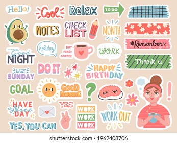 Calendar stickers. Cartoon agenda lettering and marks for memo and  motivation. Signs of days or months and templates for planner and  timetable. Diary decorations mockup, vector set Stock Vector