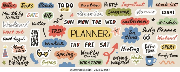 Planner stickers collection. Bundle of weekly or daily diary with trendy lettering words and design elements. Vector illustration