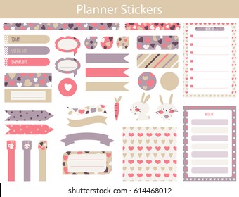 Planner stickers with cute hare, carrot and hearts In simple kids cartoon style. Weekly Planner pages.