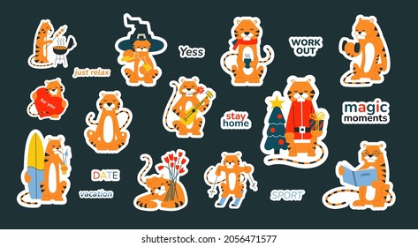 Planner stickers with cute tigers. New Year 2022. Vector flat illustrations of smiling tiger. Clip art for scheduler diary scrapbook organizer. Sticker set. Seasons sport love hobbies holidays.