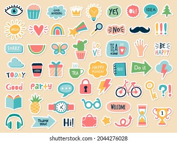 Funny planners stickers. Scrapbook sticker, planner print and cute journal  card. School notebook tags, memo page labels or organizer sticky doodles.  Isolated illustration vector signs set Stock Vector