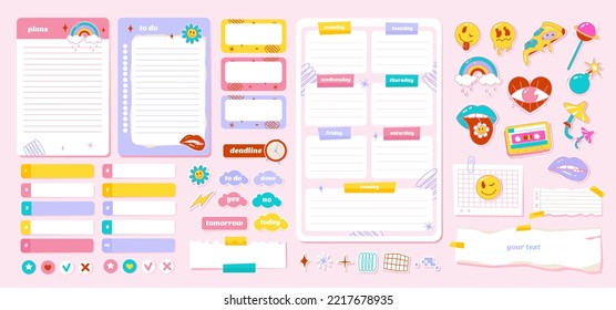 Planner with stickers and notebook label in vaporwave style of the 90s and Y2K style  elements. Vector illustration