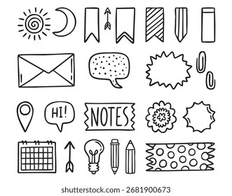 Planner stickers for notes, labels, pencils and stars, line art outline contour, monochrome, hand drawn. Vector illustration.