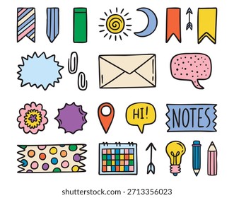 Etiquetas engomadas del planificador para las notas, las etiquetas, los lápices y las estrellas, coloridas, dibujadas a mano. Ilustración vectorial.