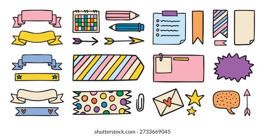 Pegatinas de planificador para notas, etiquetas, lápices y estrellas, coloridas, dibujadas a mano. Ilustración vectorial.