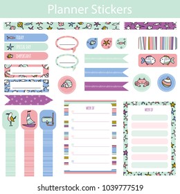 Planner stickers on summer theme with cute fish, carb and boat In simple kids cartoon style. Weekly Planner pages.