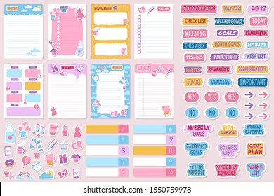 Planner and stickers. Organized daily notebooks, diary agenda reminder. Check lists calendar cards, weekly labels template vector kids planning paper set