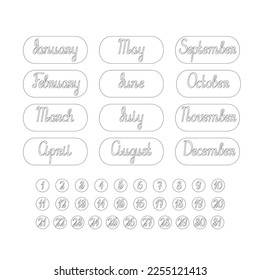 Planner stickers printable days of week, months, year for diary, bullet journal decor outline simple vector illustration