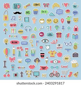 Planner stickers. Reminder colored funny sticky icons for daily routine planning recent vector illustrations set