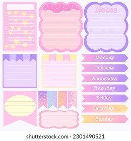 Planner stickers. Signs, symbols, objects and templates for planners, invitations, notebooks, diaries and cards. Personal memo, paper blank list, document , cardboard. 
Vector illustration