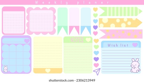 Planner stickers. Signs, symbols, objects and templates for planners, invitations, notebooks, diaries and cards. Personal memo, paper blank list, document , cardboard. 
Vector illustration