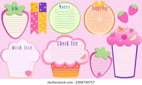 Planner stickers. Signs, symbols, objects and templates for planners, invitations, notebooks, diaries and cards. Personal memo, paper blank list, document , cardboard. 
Vector illustration