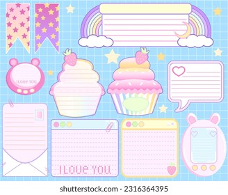 Planner stickers. Signs, symbols, objects and templates for planners, invitations, notebooks, diaries and cards. Personal memo, paper blank list, document , cardboard. 
Vector illustration
