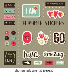 Planner stickers. Signs, symbols, objects and templates  for planners, invitations, notebooks, diaries and cards.