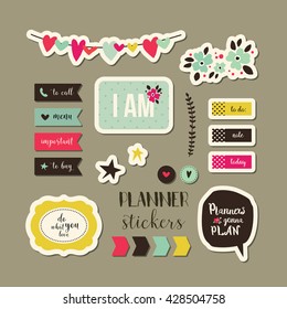 Planneraufkleber. Zeichen, Symbole, Objekte und Vorlagen für Planer, Einladungen, Notebooks, Tagebücher und Karten.