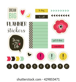 Planner stickers. Signs, symbols, objects and templates for planners, invitations, notebooks, diaries and cards.