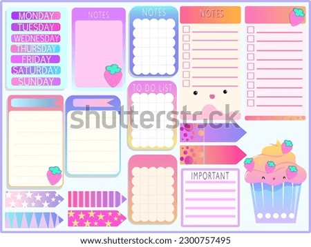 Planner stickers. Signs, symbols, objects and templates for planners, invitations, notebooks, diaries and cards. Personal memo, paper blank list, document , cardboard. 
Vector illustration.