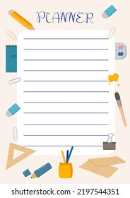 the planner for the student is decorated with stationery notebooks books markers paints pencils ruler