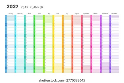 Planner template for 2027 year. Blank grid for wall calendar in rainbow colors for each month. 2027 year planner for schedule, daily and monthly agenda, vector illustration