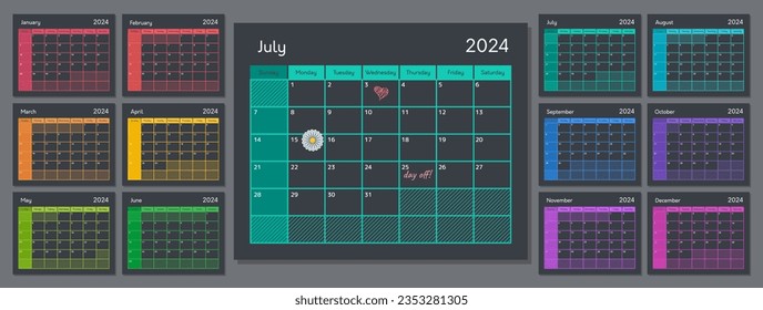 Planervorlage mit Kalender für 2024 Jahr. Mauer- oder Tischgitter für 12 Monate. Dunkles Thema eines leeren täglichen Organisators in Regenbogenfarben, Vektorgrafik