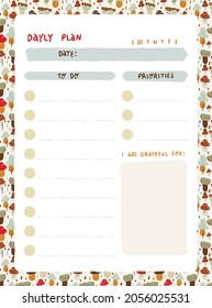 Planner template. Daily check list. Vector illustration with autumn elements. Organizer and schedule with place for Notes. 